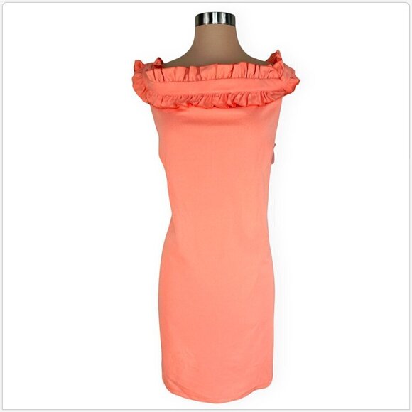 Marina Coral Peach Off Shoulder Ruffled Neckline Cocktail Party Dress NWT NEW 12 - Picture 3 of 5